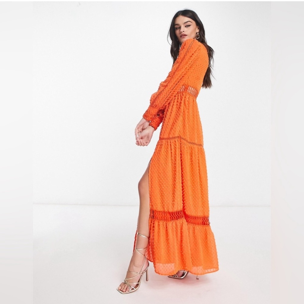 13 NEW ASOS DESIGN tufted dobby lace insert maxi dress in bright orange Size 10